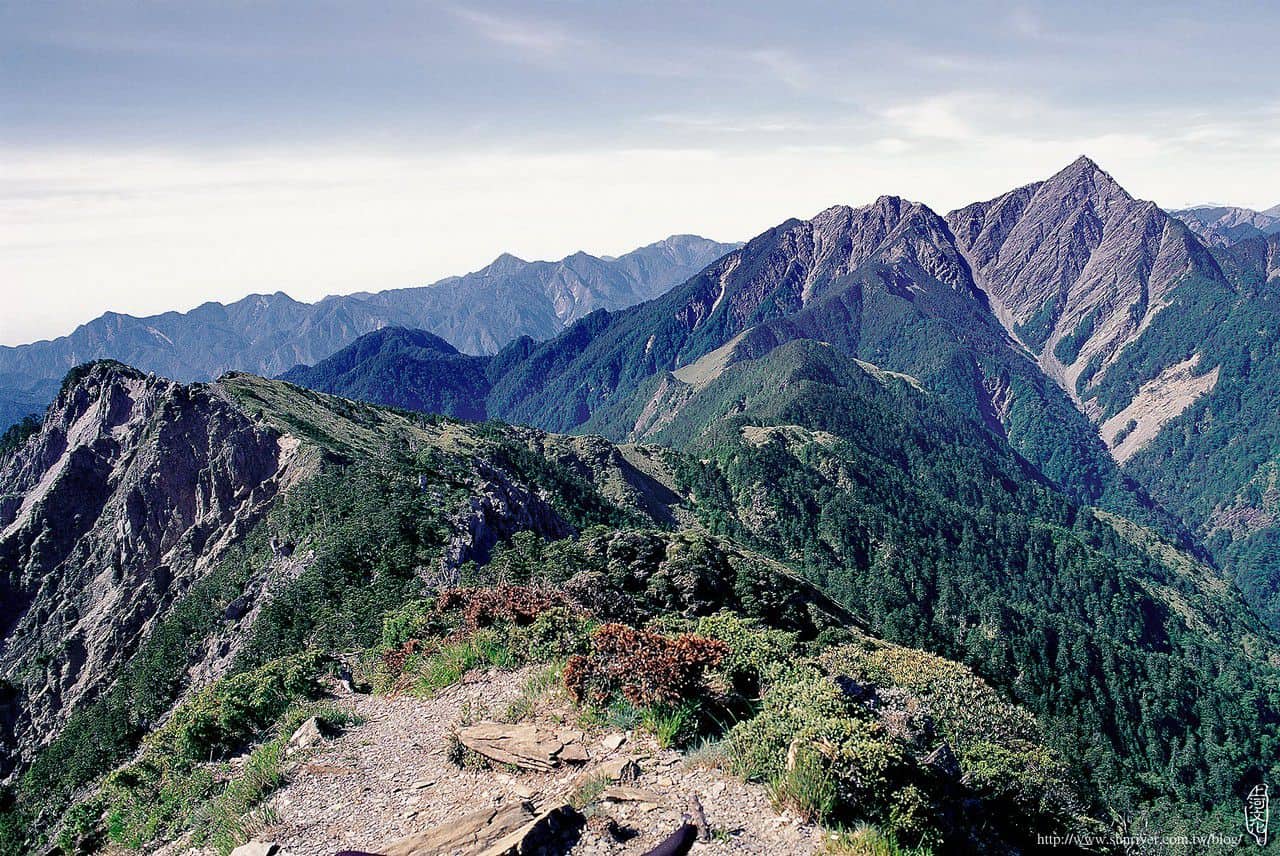 南峰頂眺望巴巴山(左)與中央尖山 攝影∕蕭官誠　地點∕南湖大山南峰